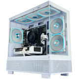 A white computer case with a transparent side panel, showcasing internal components including a black CPU cooler, white cables, and multiple fans with blue LED lighting accents. A GeForce RTX graphics card is visible inside.