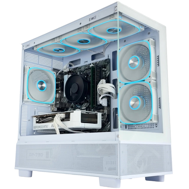 A white computer case with a transparent side panel, showcasing internal components including a black CPU cooler, white cables, and multiple fans with blue LED lighting accents. A GeForce RTX graphics card is visible inside.