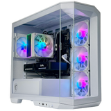 Computer case with RGB lighting and visible components on a white background