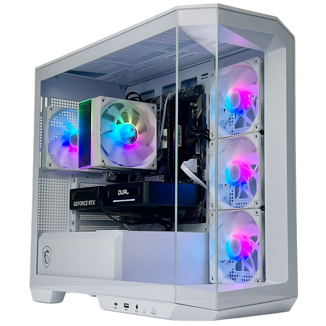 Computer case with RGB lighting and visible components on a white background