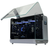 Computer gaming rig with transparent side panel on a white background