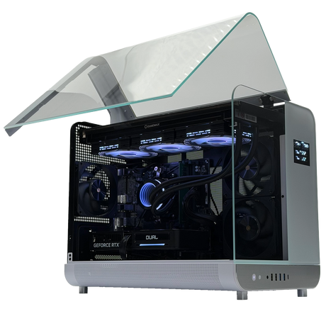 Computer gaming rig with transparent side panel on a white background