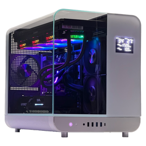 Computer case with transparent side panel showing internal components on a white background