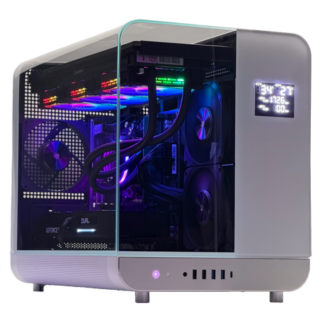 Computer case with transparent side panel showing internal components on a white background