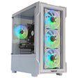 A gaming PC with RGB lighting and a transparent side panel showcasing the internal components, including the CPU and graphics cards.