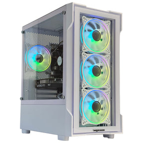 A gaming PC with RGB lighting and a transparent side panel showcasing the internal components, including the CPU and graphics cards.