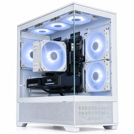 A white custom PC tower with a glass side panel, showcasing a high-end build with four white RGB fans, a black CPU cooler, a GeForce RTX graphics card, and a black CPU tower, set against a plain white background.