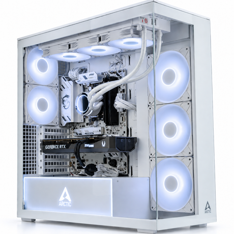 A white Arctic PC tower case with a clear side panel, showcasing a fully customized liquid CPU cooler with glowing white fans and tubing. The graphics card is a black NVIDIA GeForce RTX.