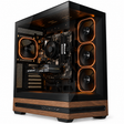 A desktop PC tower case with a black glass side panel, three illuminated orange ring fans on the right, visible internal components, and a wood-grain front base, shown on a white background.
