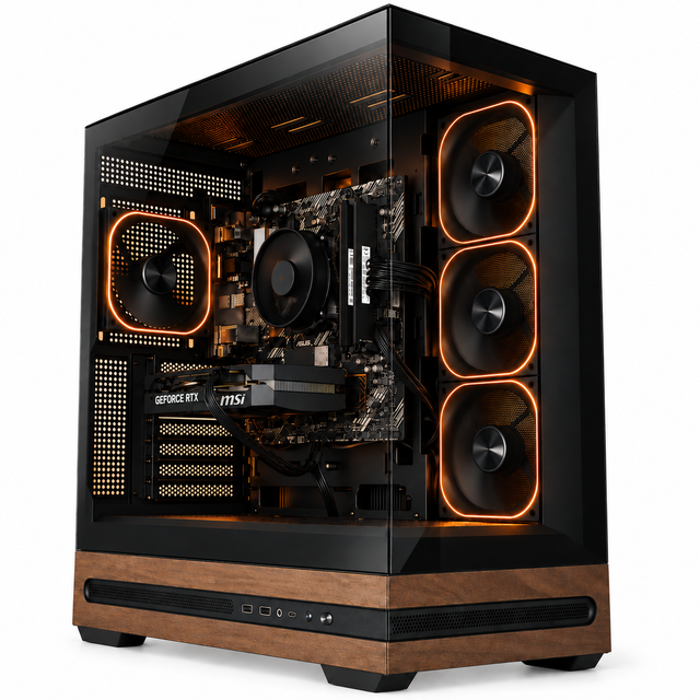 A desktop PC tower case with a black glass side panel, three illuminated orange ring fans on the right, visible internal components, and a wood-grain front base, shown on a white background.