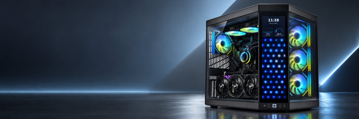A high-end gaming PC tower with a black metal case and clear side glass, showcasing vibrant RGB fans with blue, green, and yellow lighting, set against a dark studio background with blue light beams.