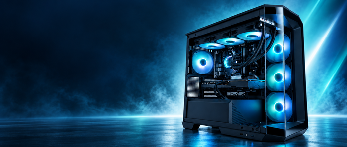 A high-performance gaming PC tower with a transparent side panel, showcasing a fully assembled interior with glowing blue LED fans and liquid cooling tubes, set against a dark blue smoky background with light beams.