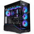 A black gaming PC tower with a glass side panel, showcasing internal RGB cooling fans and components. The case features a black textured lower front panel with USB ports, a GeForce RTX graphics card, and a liquid cooler with RGB-lit fans.