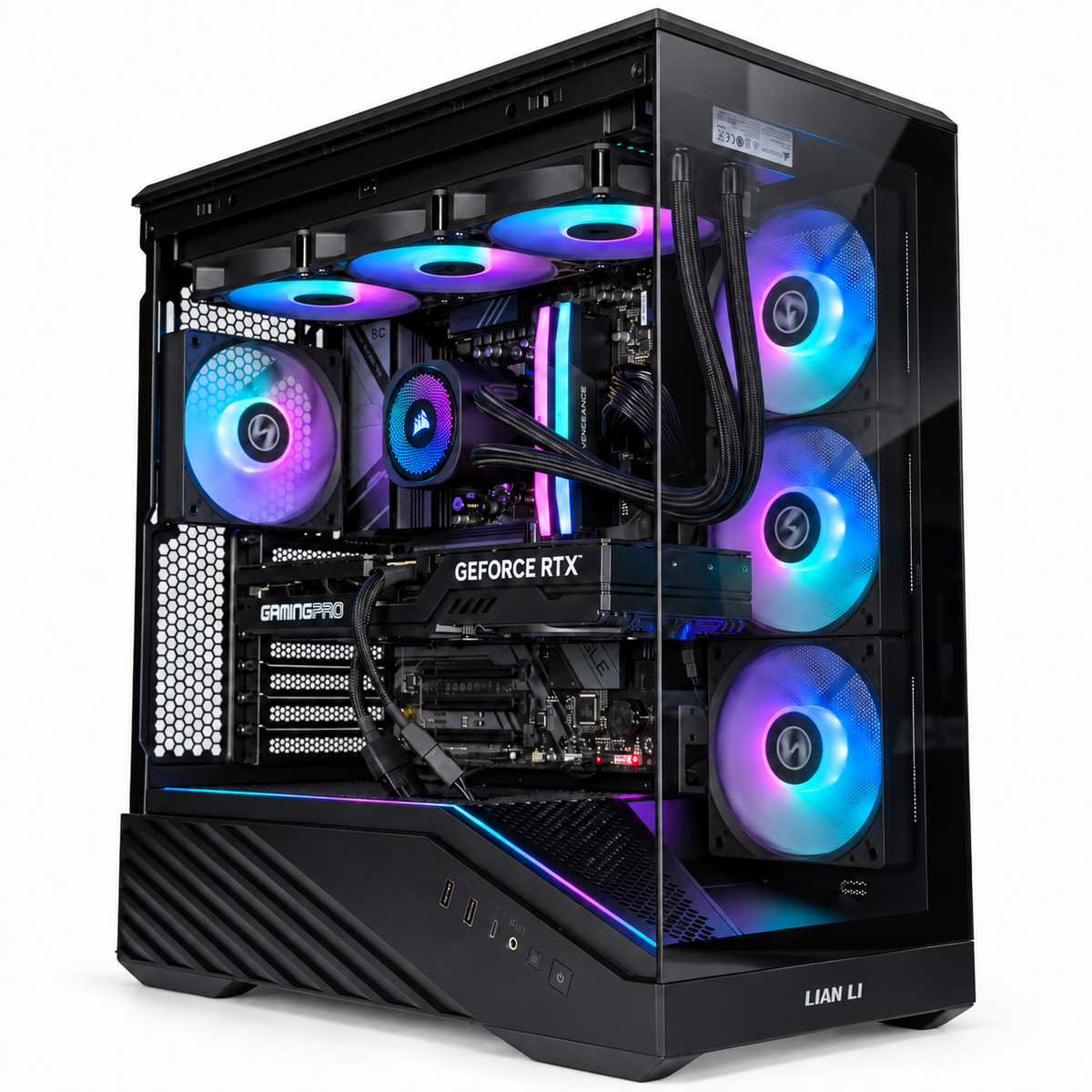 A black gaming PC tower with a glass side panel, showcasing internal RGB cooling fans and components. The case features a black textured lower front panel with USB ports, a GeForce RTX graphics card, and a liquid cooler with RGB-lit fans.