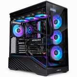 A black gaming PC tower with a glass side panel, showcasing internal RGB cooling fans and components. The case features a black textured lower front panel with USB ports, a GeForce RTX graphics card, and a liquid cooler with RGB-lit fans.