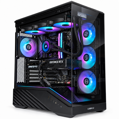 A black gaming PC tower with a glass side panel, showcasing internal RGB cooling fans and components. The case features a black textured lower front panel with USB ports, a GeForce RTX graphics card, and a liquid cooler with RGB-lit fans.