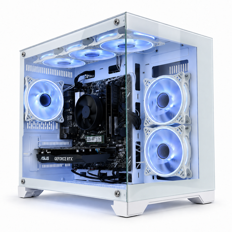 A high-performance desktop PC inside a transparent glass case with a white front and feet. The PC is equipped with a black CPU cooler, an ASUS GeForce RTX graphics card, and multiple fans with blue LED lighting, all set against a clean white background.