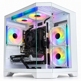 WJMTech DS gaming PC, white case with glass side panel and rainbow RGB fans