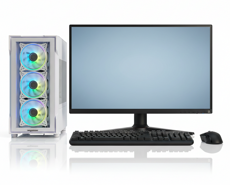 Computer setup with monitor, keyboard, and mouse on a white background